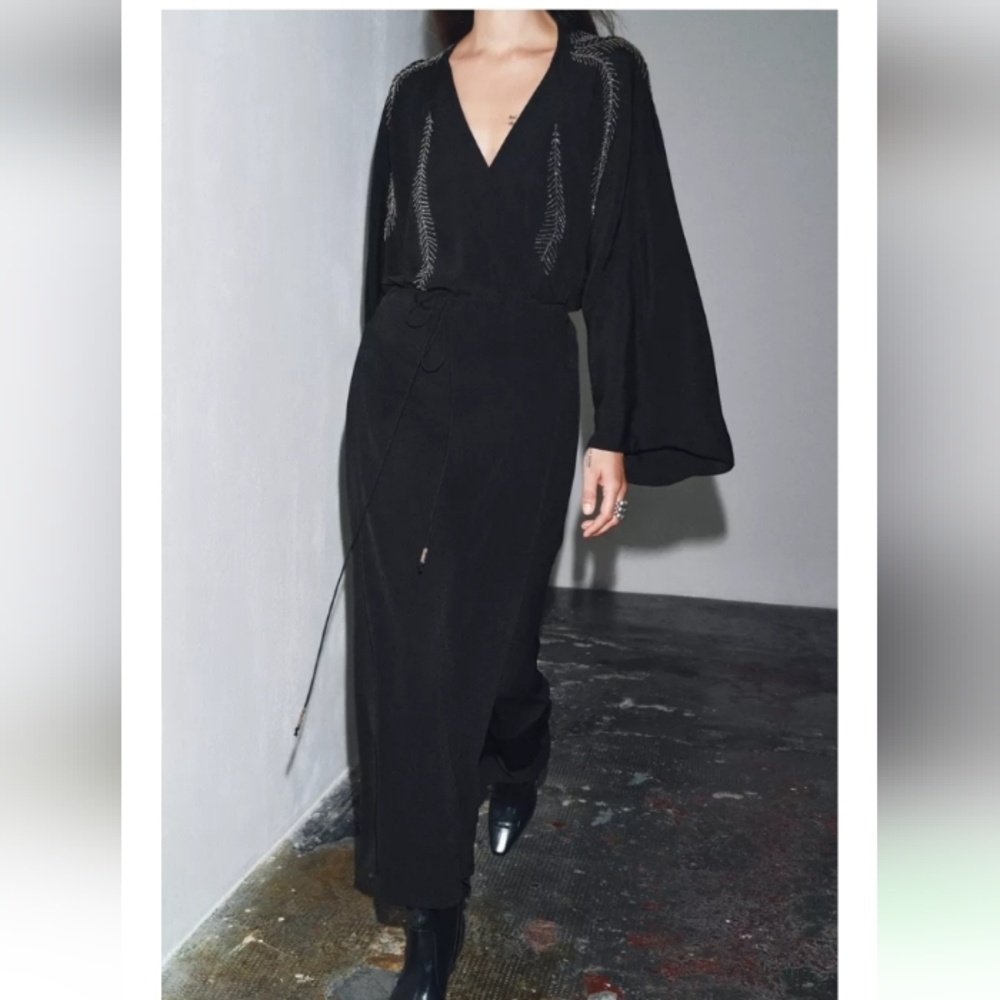 Zara Zw Collection Elegant Embroidered Beading Long Wrap Dress - Picture 1 of 13